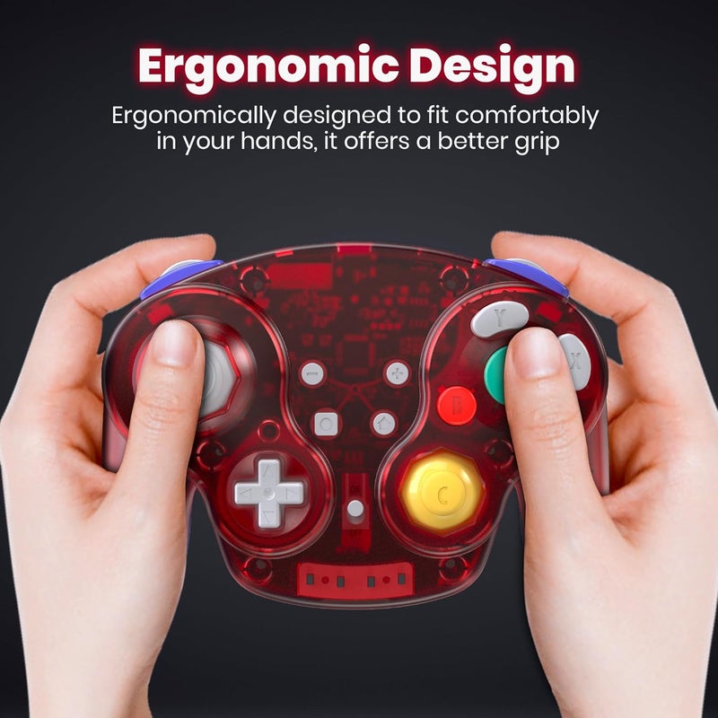SAFFUN 2.4 GHz Wireless GameCube Switch Pro Controller, for NGC GameCube Console, Switch/Switch OLED, PC, Steam Deck (Built-in Rumble) (Rechargeable) (Plug and Play) Clear Red - Image 5